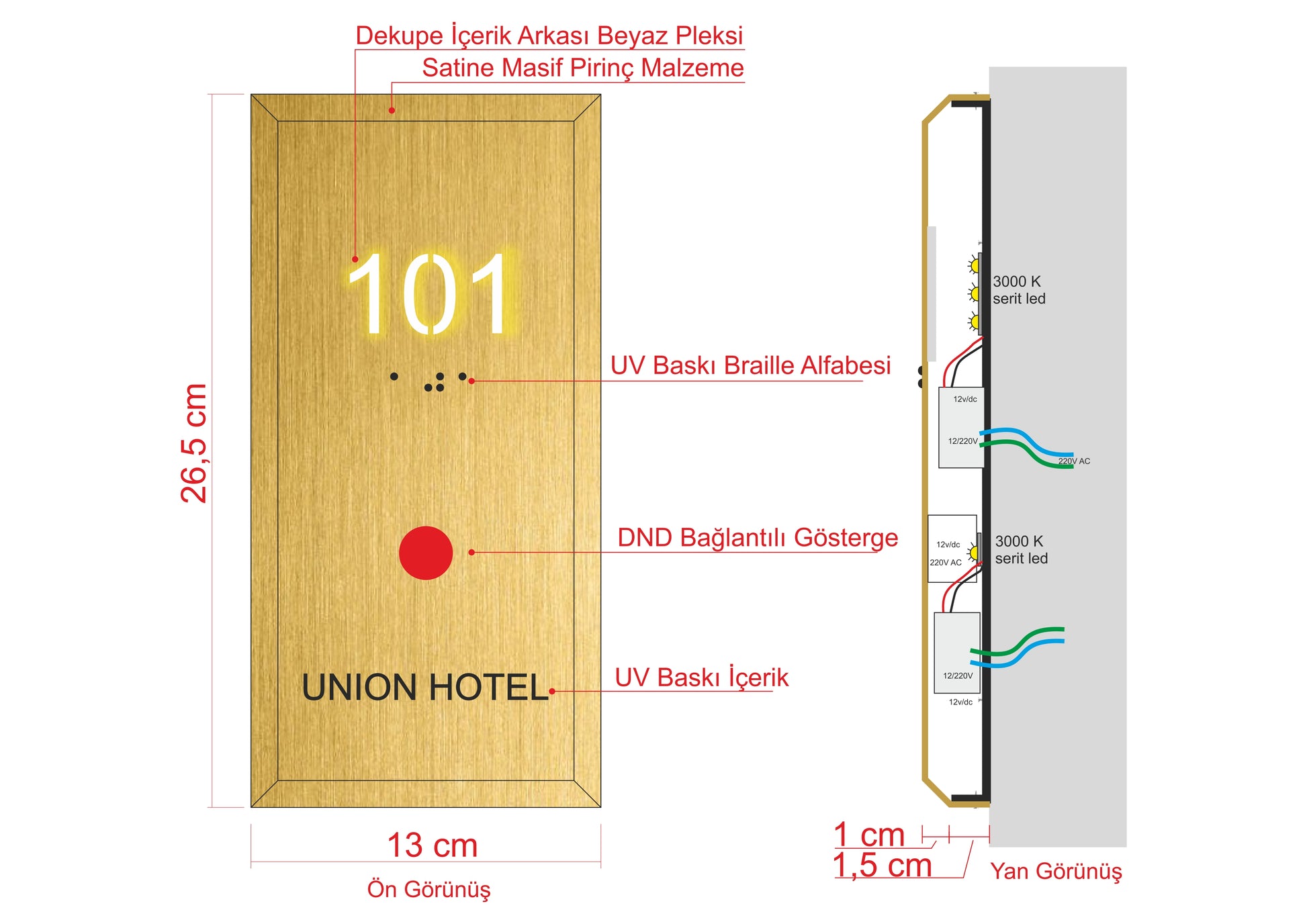 Otel oda tabelasının 3000K şerit LED aydınlatma sisteminin teknik görünümü