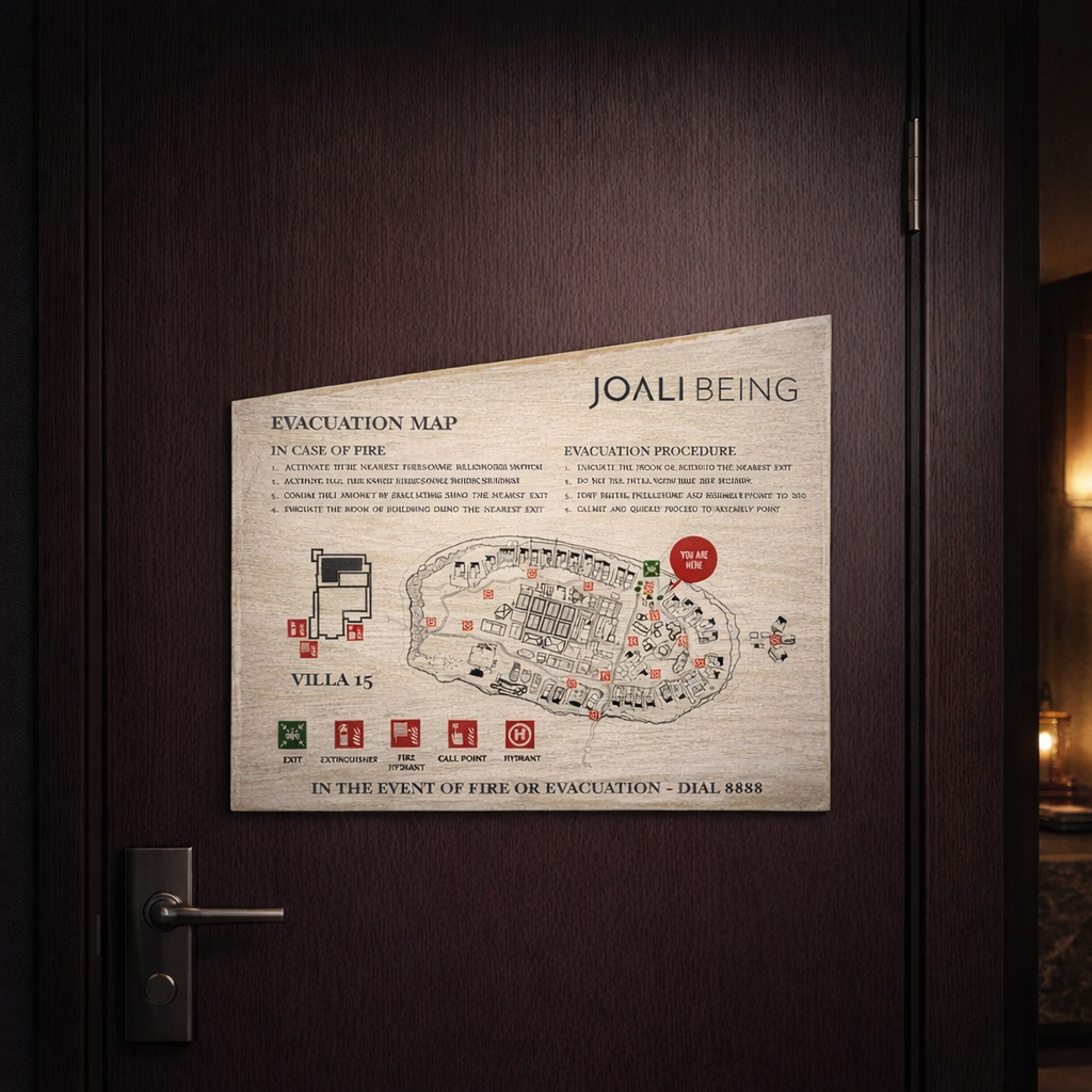 Otel odası kapı arkasına monte edilen yangın kaçış planı tabelası