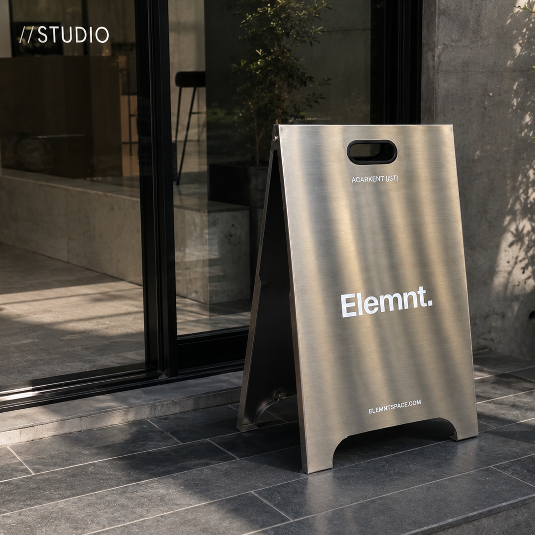 Elemnt için üretilen 40x65 cm paslanmaz A tipi tabela