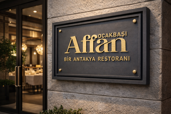 Pirinç kabartma harfli restoran giriş tabelası duvar üzerinde şık kullanım