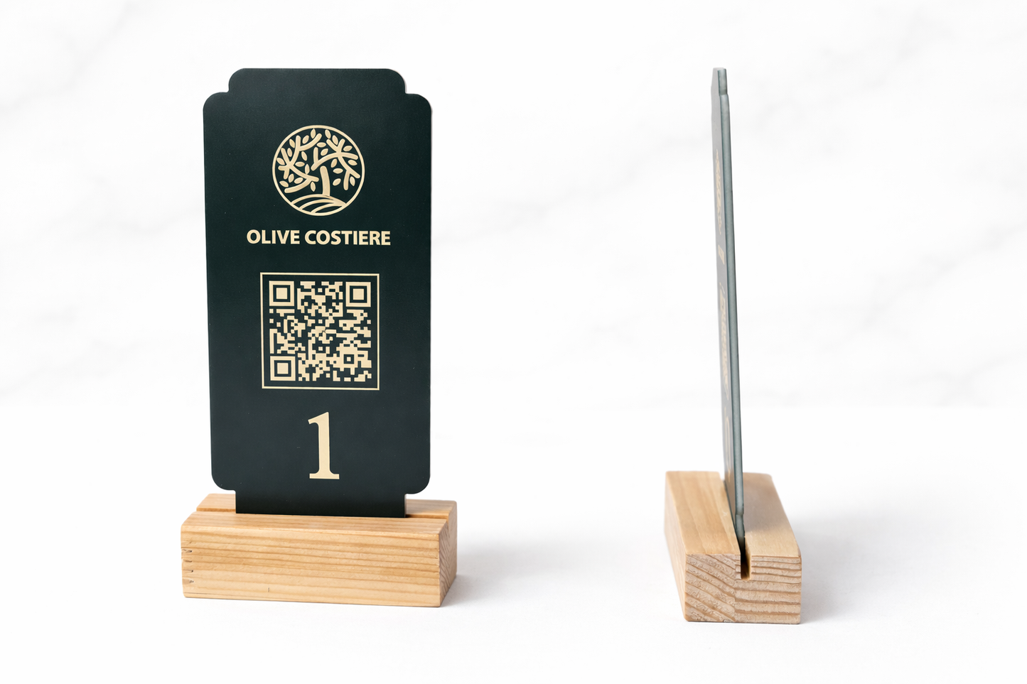 QR kodlu masa numarası ahşap tabanlı restoran masa standı