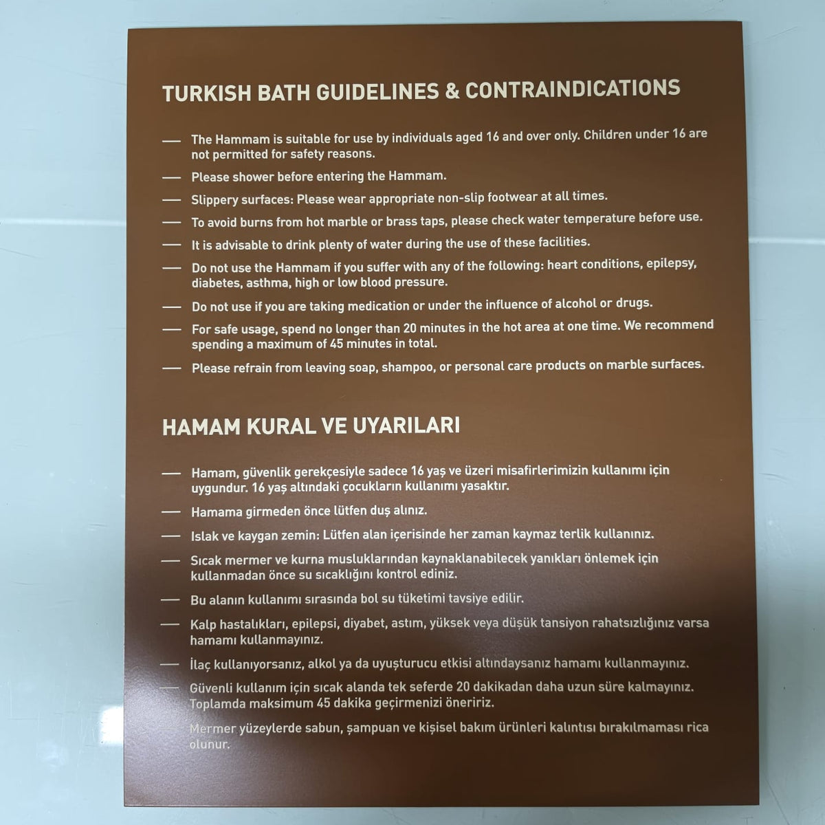 Resort otel spa hamam ve sauna bölümleri için çok dilli bilgilendirme panosu