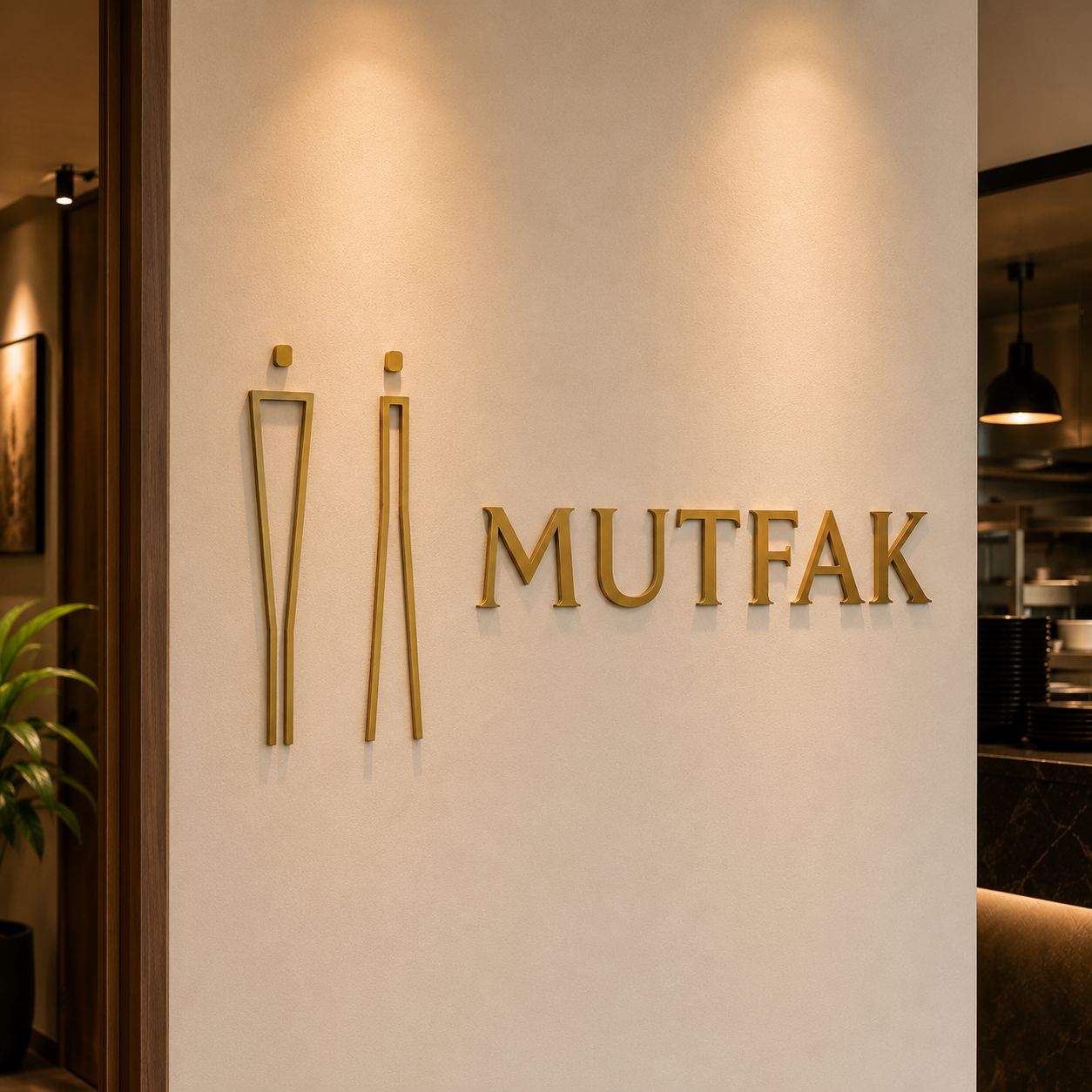 Restoran iç mekanları için pirinç WC işaretleri ve MUTFAK yazısı yönlendirme tabelası