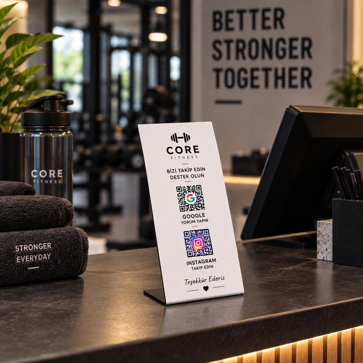 Spor salonu bankosunda sosyal medya ve Google değerlendirme QR standı