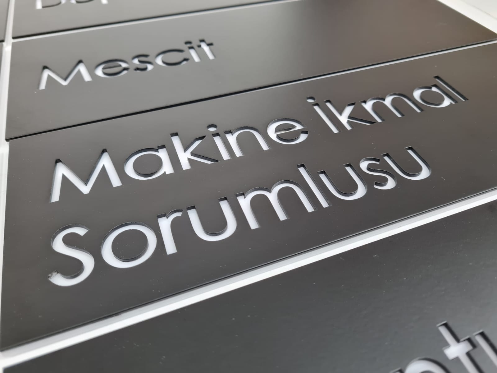 Teknik ofis girişlerinde kullanılan şık kapı isimliği.