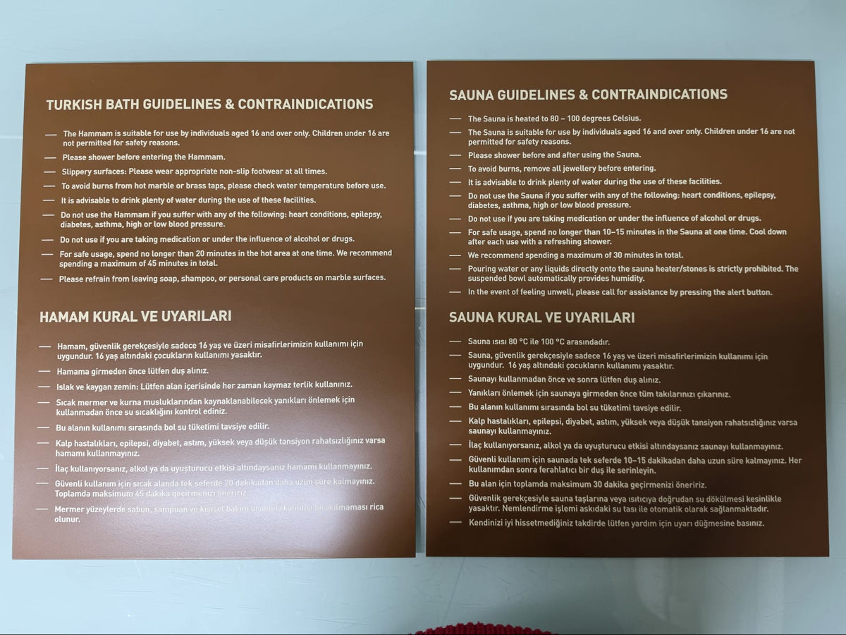 Termal otel hamam sauna ve spa alanları için kullanım kuralları tabelası