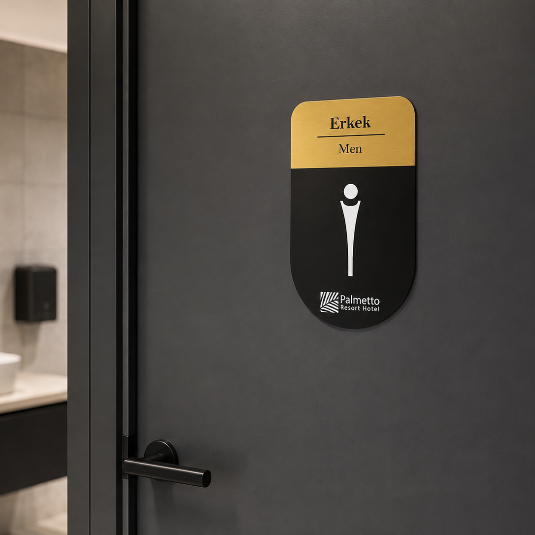 Siyah pleksi ve gold paslanmaz çelikten üretilmiş WC kapı tabelası.